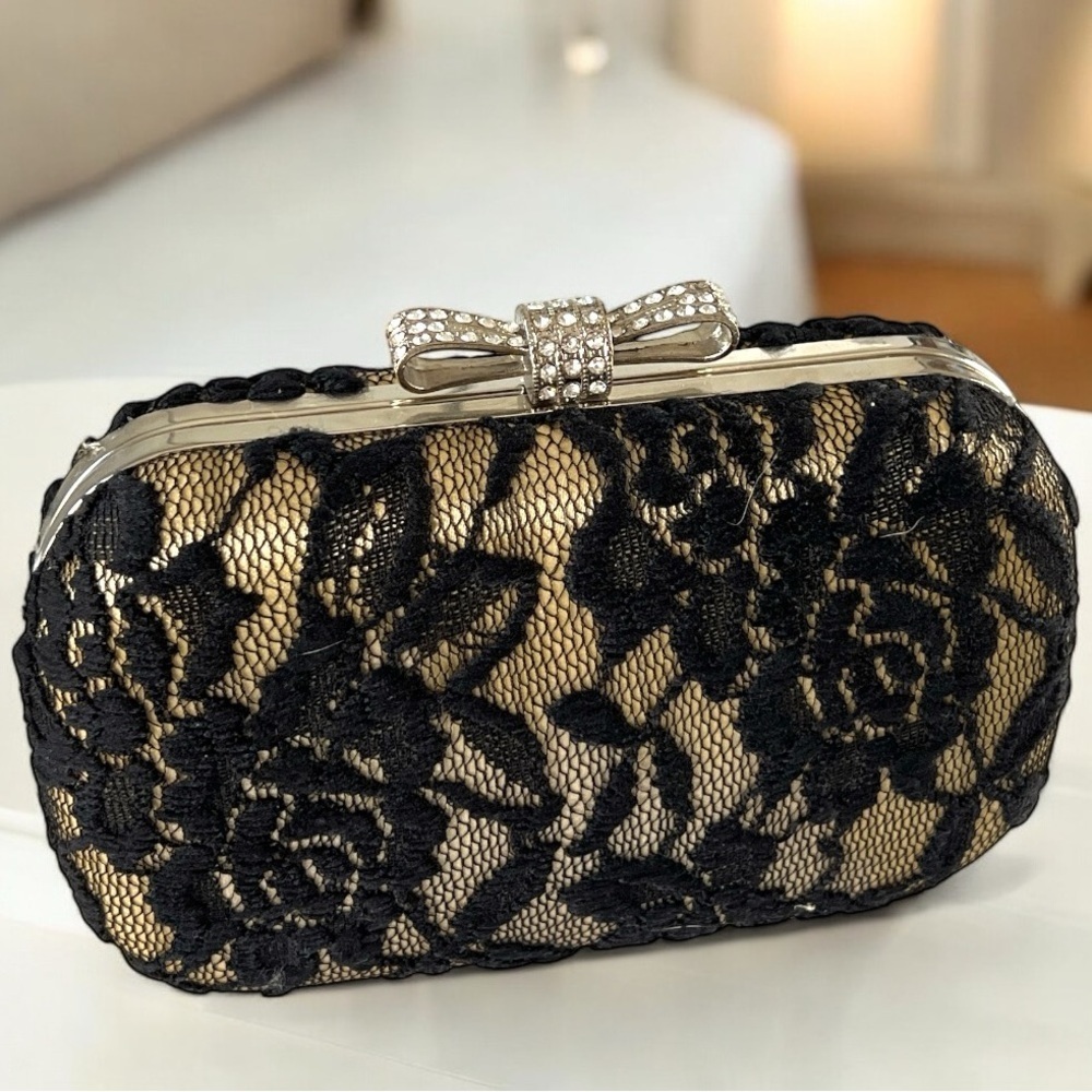 Elegant Black Lace Clutch Handbag With Rhinestone Bow Accent Silver Chain